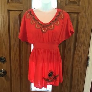 💚3/$25 21 SP orange tunic blouse green gold blue stitching peacock accents